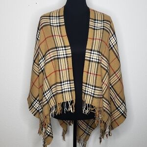 V. FRAAS Womens Exploded Plaid Ruana Wrap Poncho One Size Fringe Nova Check